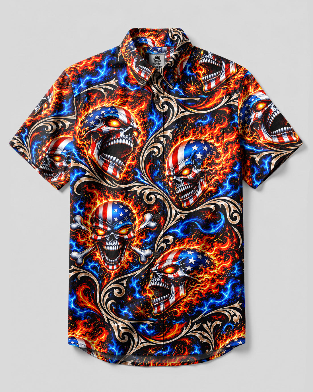 AMERICAN FIRE SKULL TRIBAL BUTTON-DOWN COLLAR SHIRT - YHHN0210263