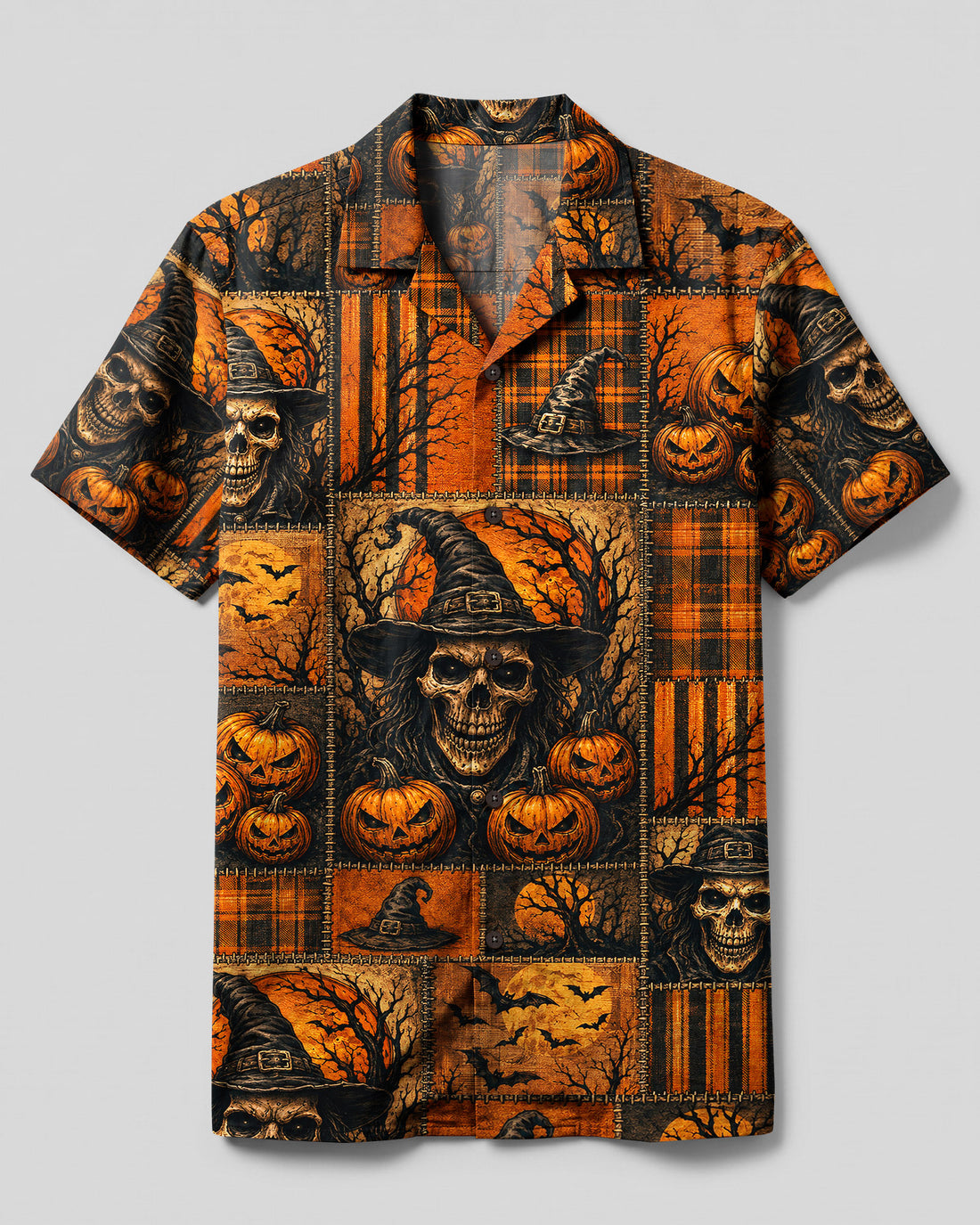 DARKNESS SKULL HALLOWEEN PATCHWORK CAMP SHIRT - TLHN1408262