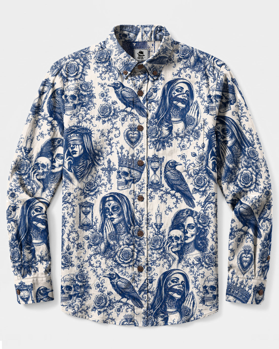 GOTHIC SKULL SACRED TOILE LONG SLEEVE BUTTON-DOWN SHIRT - TLHN2108263