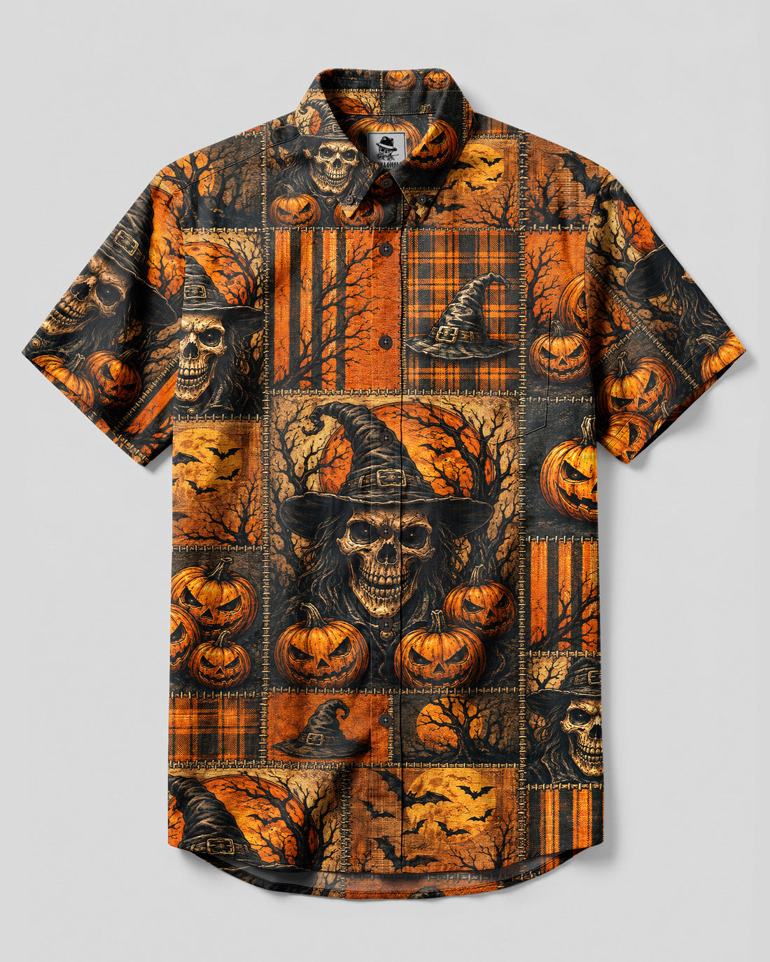 DARKNESS SKULL HALLOWEEN PATCHWORK BUTTON-DOWN COLLAR SHIRT - TLHN1408261