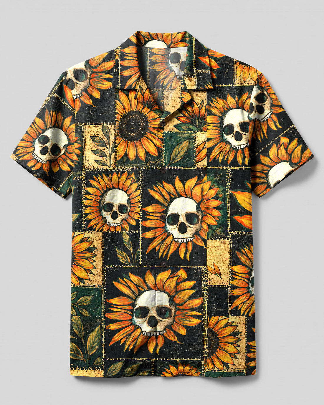 SKULL SUNFLOWER PATCHWORK CAMP SHIRT - TLHN0608262