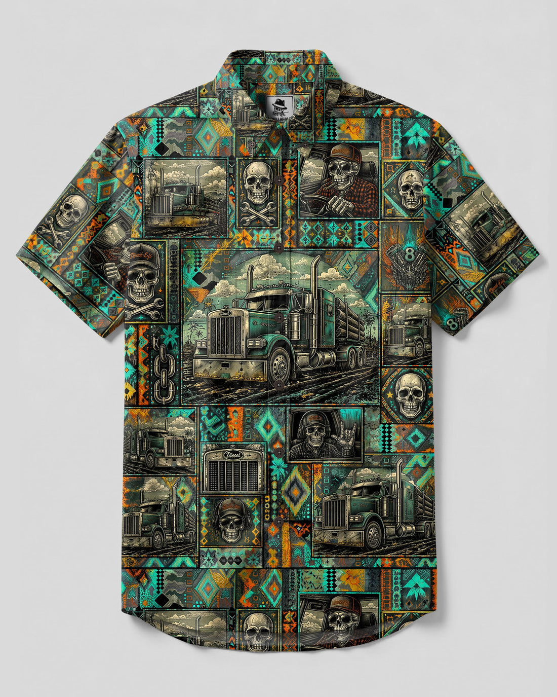 TRIBAL TRUCK SKULL PATCHWORK BUTTON-DOWN COLLAR SHIRT - TLTW25082611