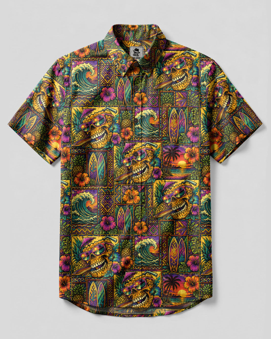 SUNSET PINEAPPLE SKULL PATCHWORK BUTTON-DOWN COLLAR SHIRT - TLHG0408265