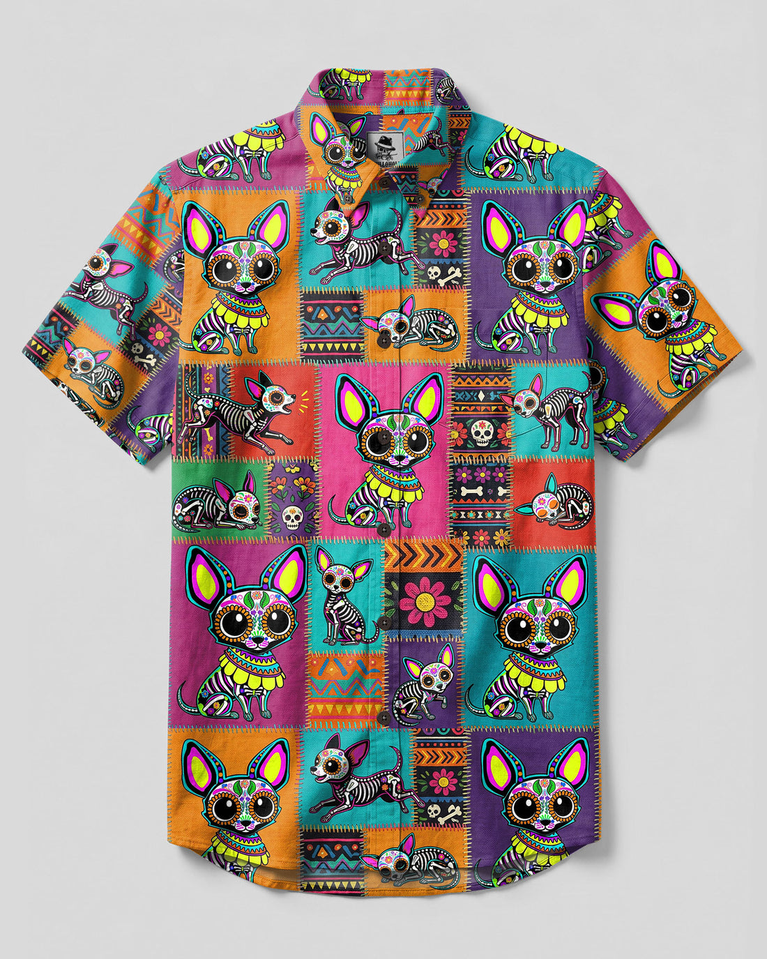 COLORFUL CALAVERA CHIHUAHUA DOG PATCHWORK BUTTON-DOWN COLLAR SHIRT - TLTW1809262