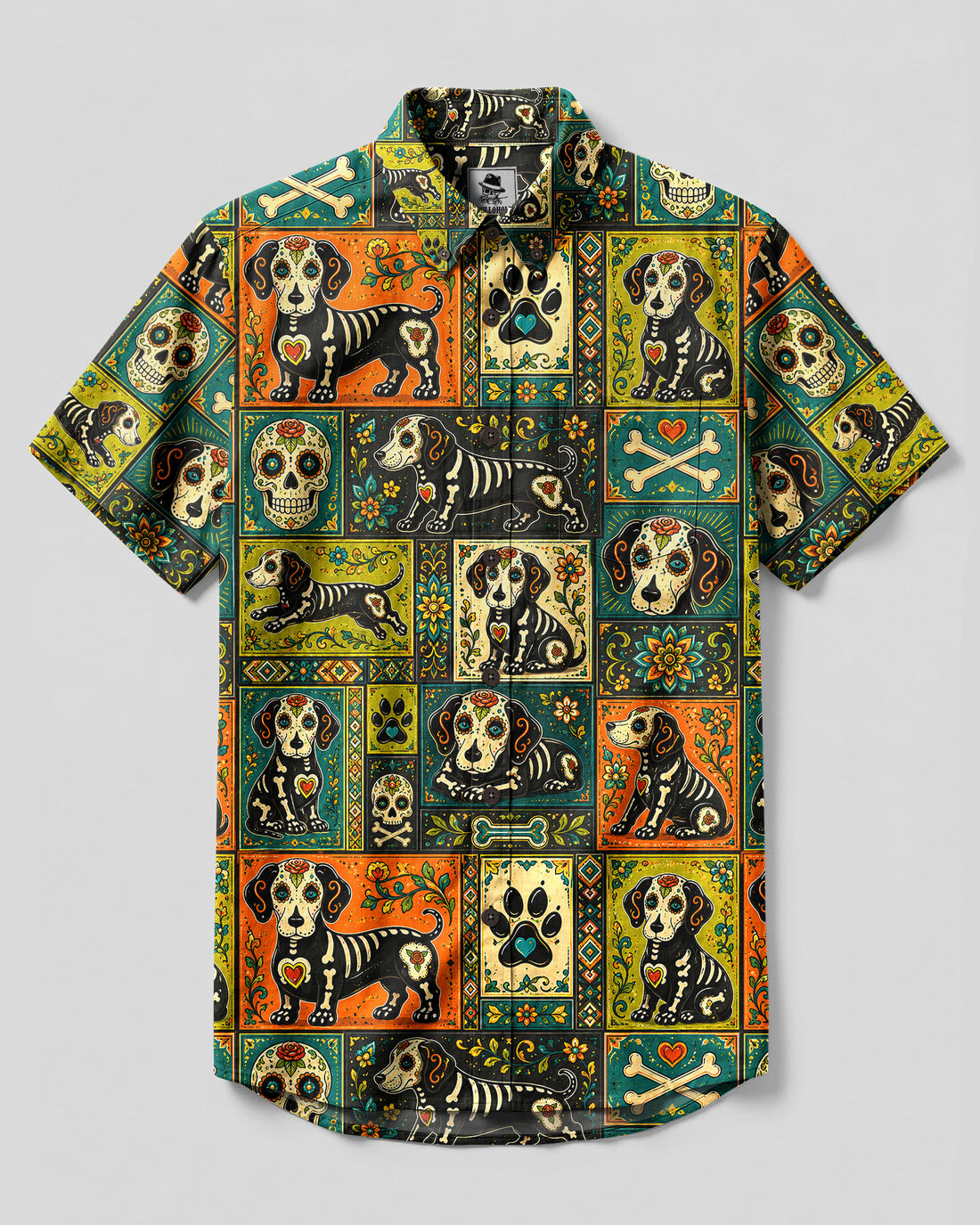 SUGAR SKULL DACHSHUND DOG PATCHWORK BUTTON-DOWN COLLAR SHIRT - TLHG0409262