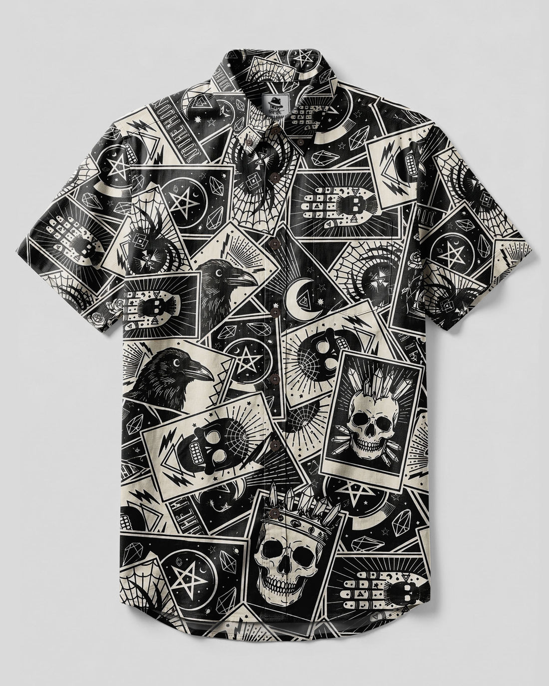 MYSTIC RAVEN AND SKULL TAROT PATCHWORK BUTTON-DOWN COLLAR SHIRT - TYLN260826
