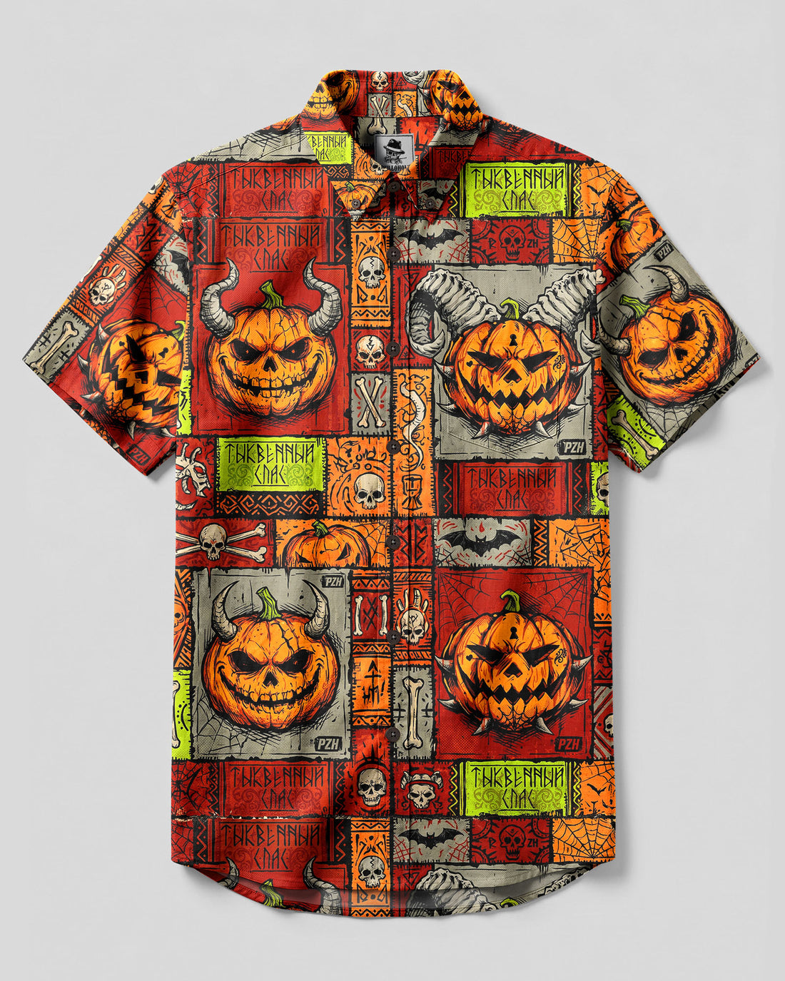 TRIBAL DEMON PUMPKIN HALLOWEEN MOSAIC BUTTON-DOWN COLLAR SHIRT - TLHG2908263
