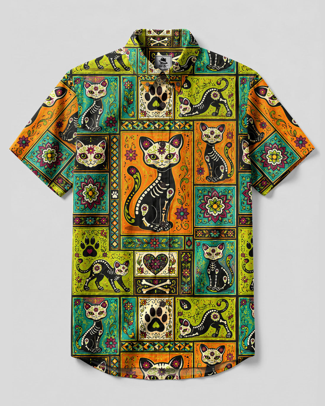 DIA DE LOS MUERTOS BLACK CAT MOSAIC BUTTON-DOWN COLLAR SHIRT - TLHG1809267