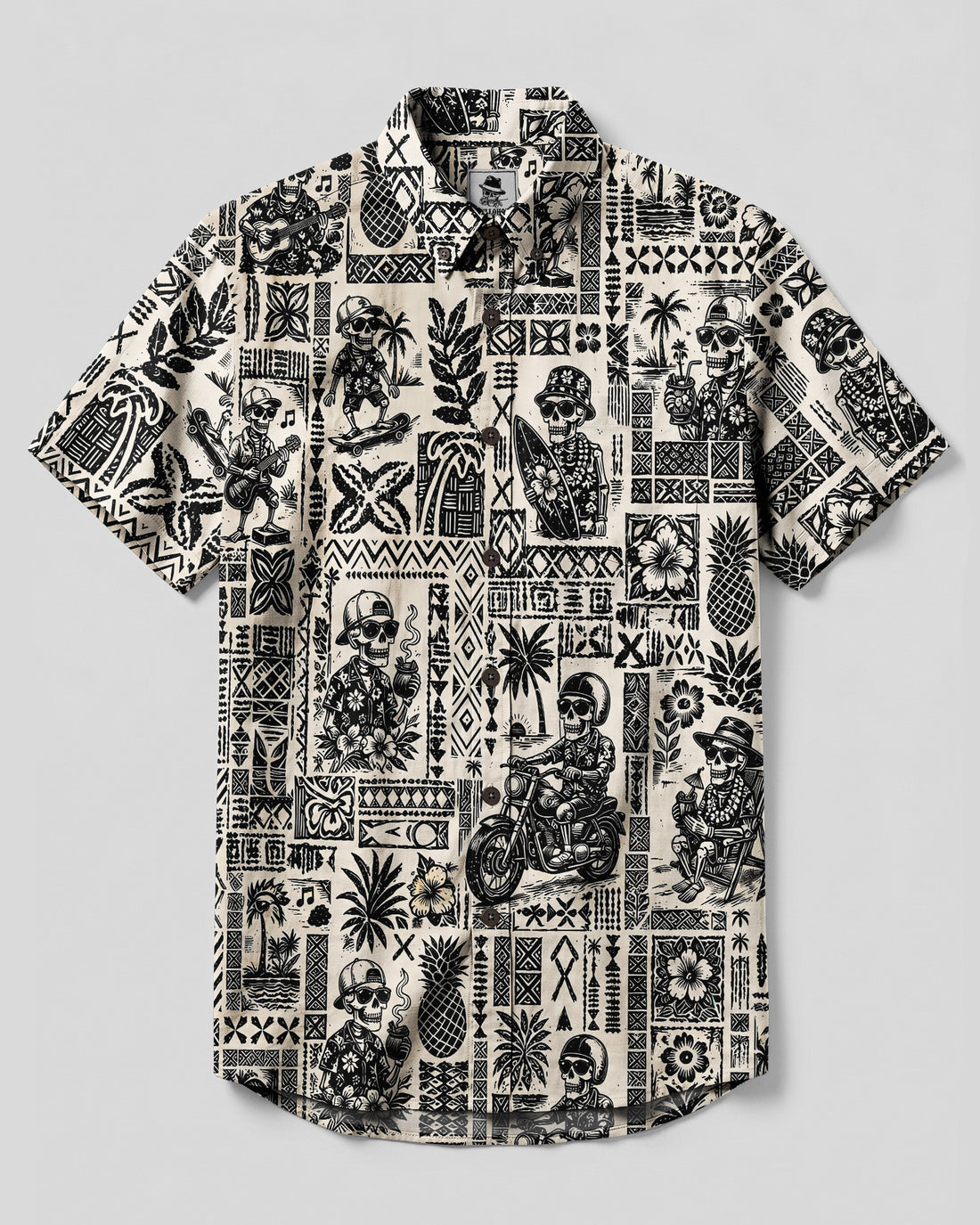 VINTAGE TROPICAL SKULL TRIBAL PATCHWORK BUTTON-DOWN COLLAR SHIRT - TLNO2208265