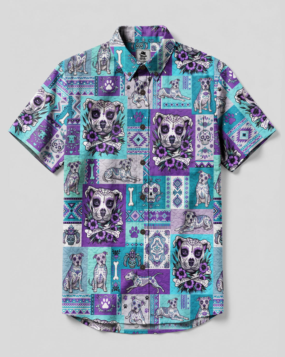 PITBULL DOG TRIBAL PATCHWORK BUTTON-DOWN COLLAR SHIRT - TLNO0309264