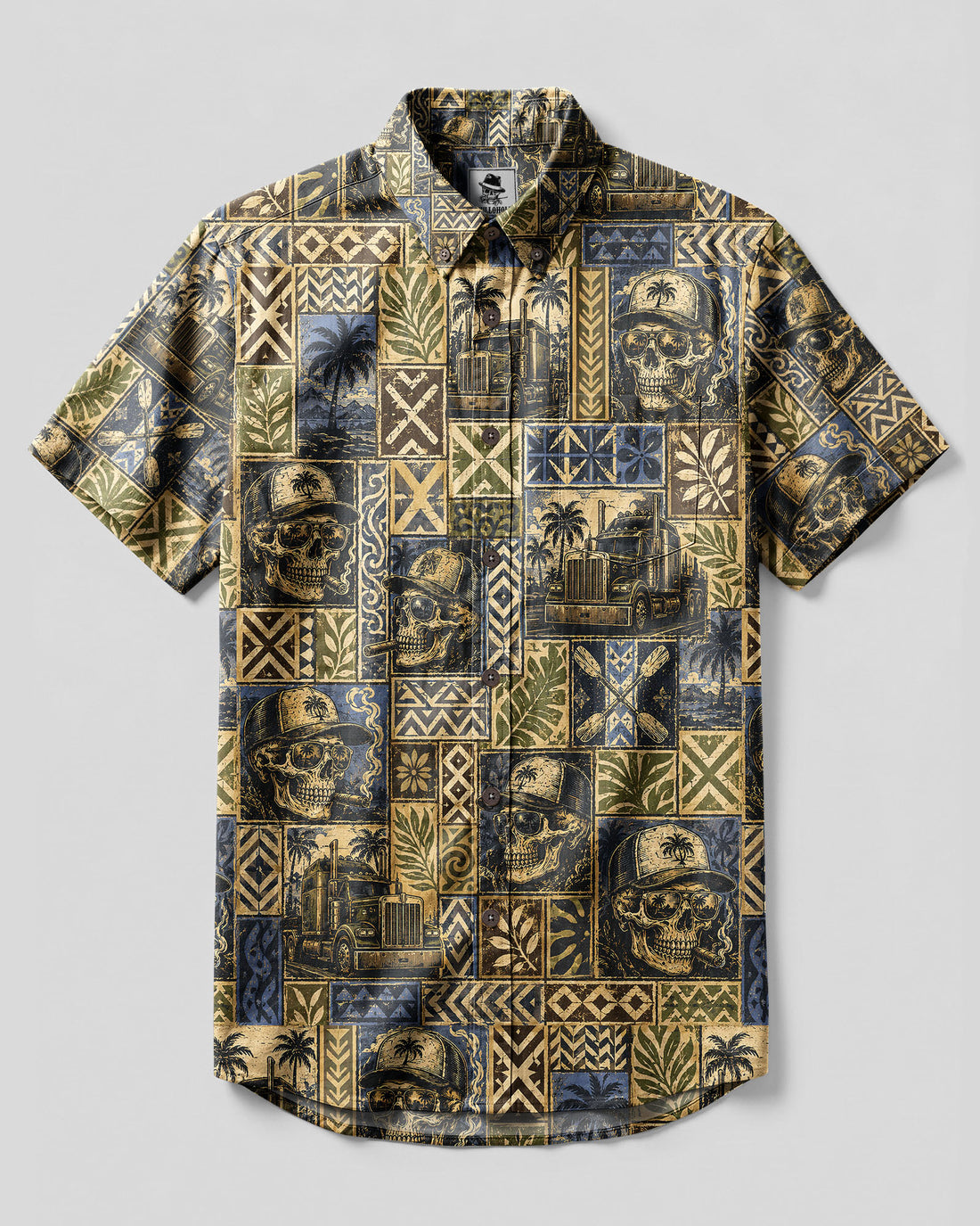 VINTAGE SKULL TRUCKER PATCHWORK BUTTON-DOWN COLLAR SHIRT - TLNT2708264
