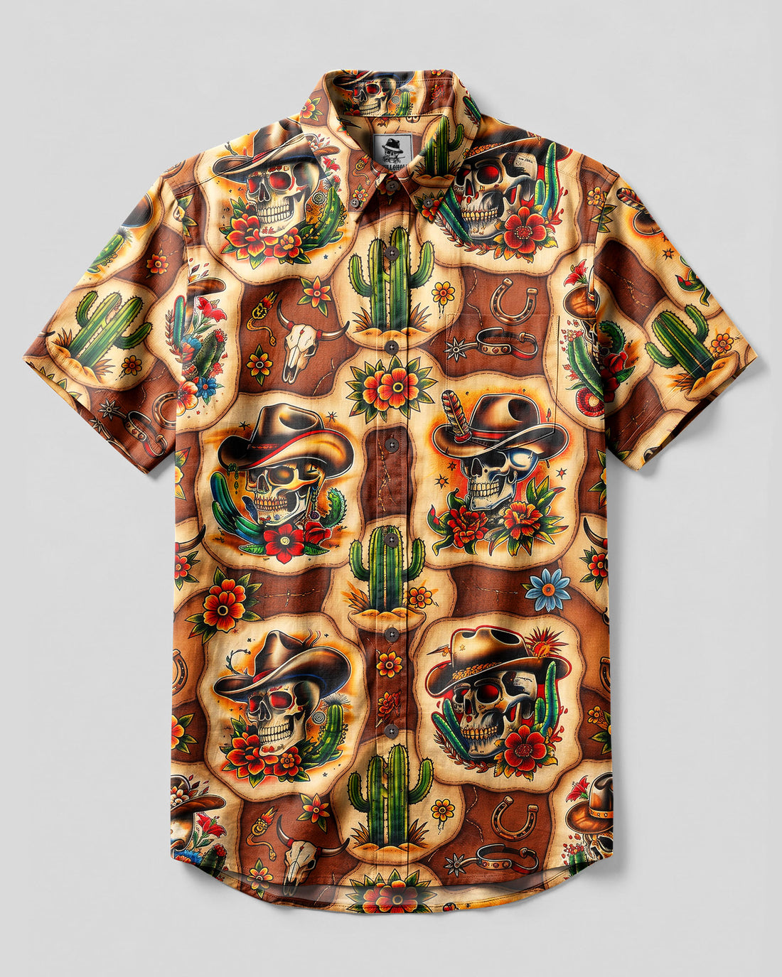 COWBOY SKULL WESTERN PATCHWORK BUTTON-DOWN COLLAR SHIRT - TLNT04092610