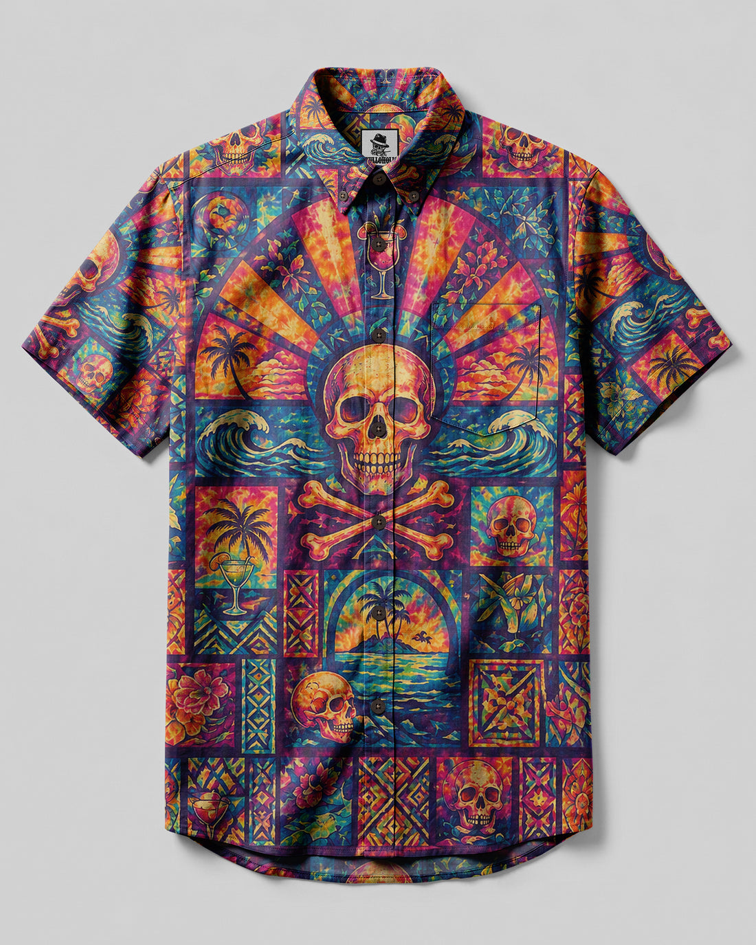 VIBRANT OCEAN SKULL PATCHWORK BUTTON-DOWN COLLAR SHIRT - KMTM1108261