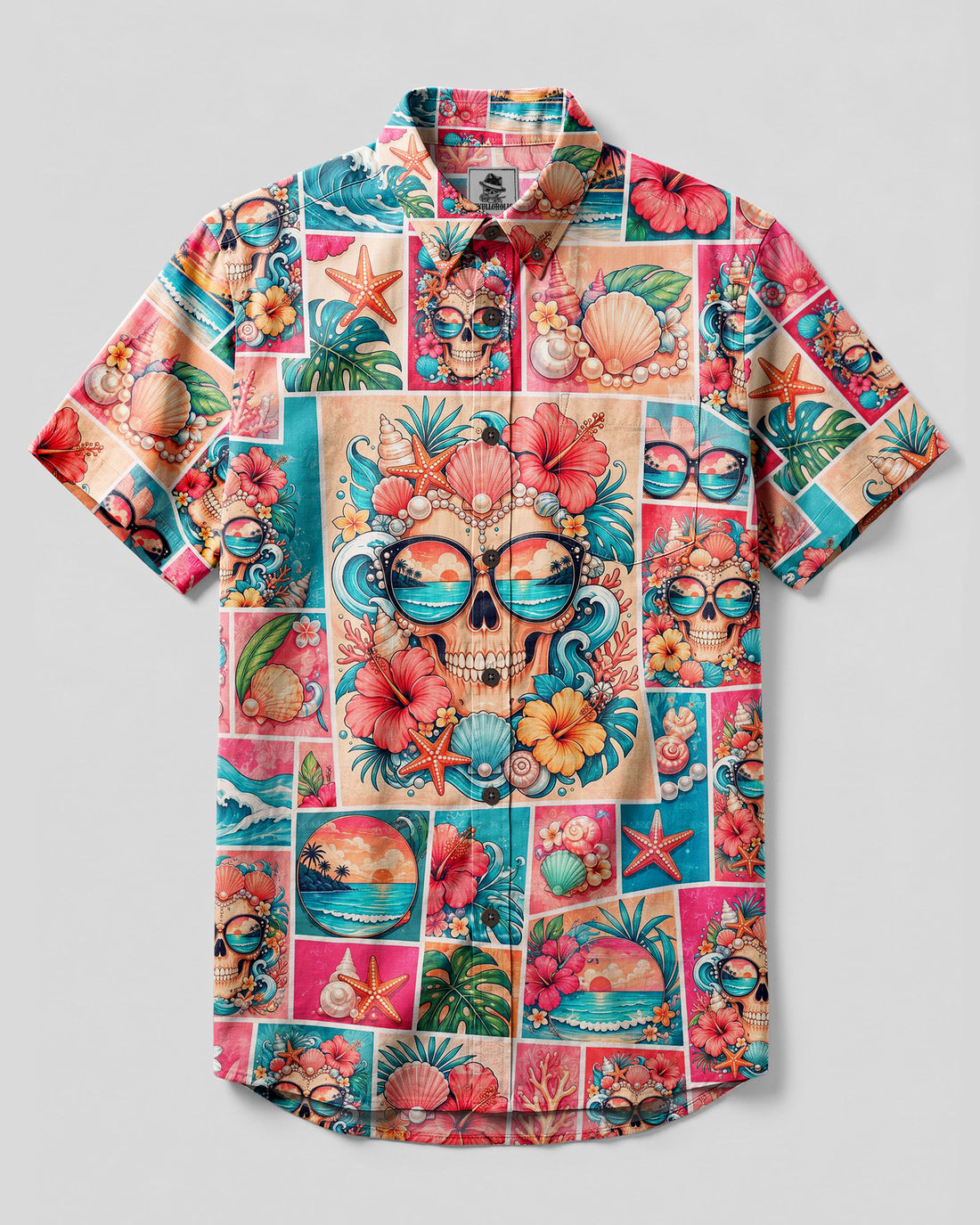 PINK TROPICAL CORAL SKULL PATCHWORK BUTTON-DOWN COLLAR SHIRT - TYLN1308262
