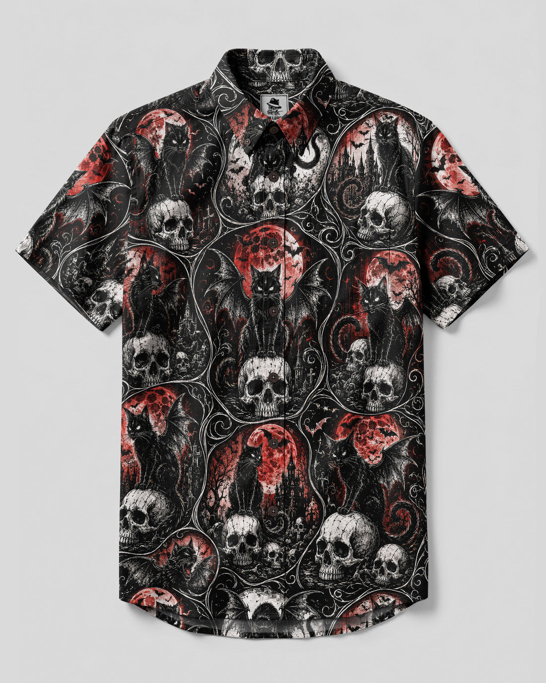 GOTHIC BLACK CAT SKULL BLOOD MOON PATCHWORK BUTTON-DOWN COLLAR SHIRT - TLNO0809264
