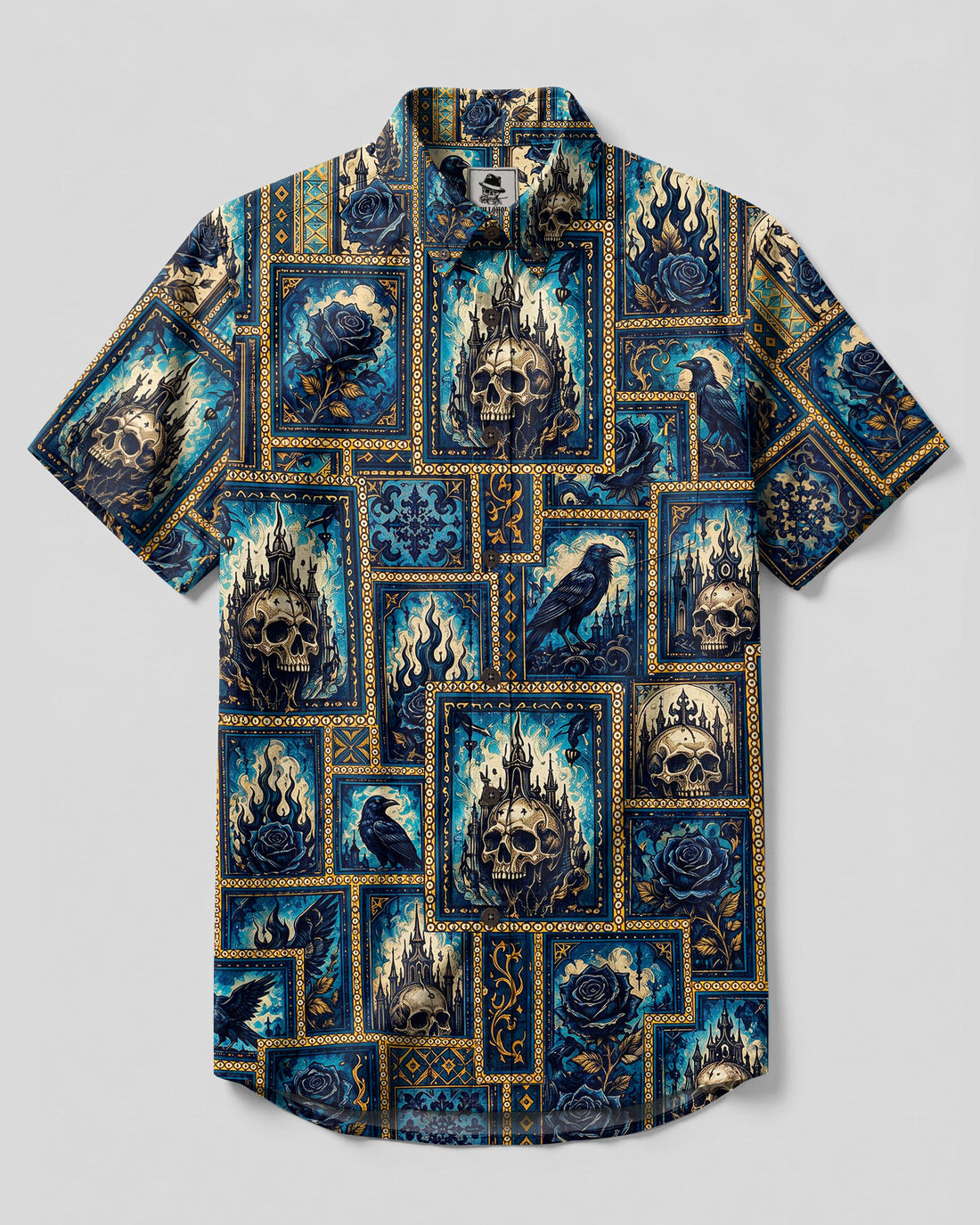 GOTHIC SKULL DARK NIGHT PATCHWORK BUTTON-DOWN COLLAR SHIRT - TLTW0608267