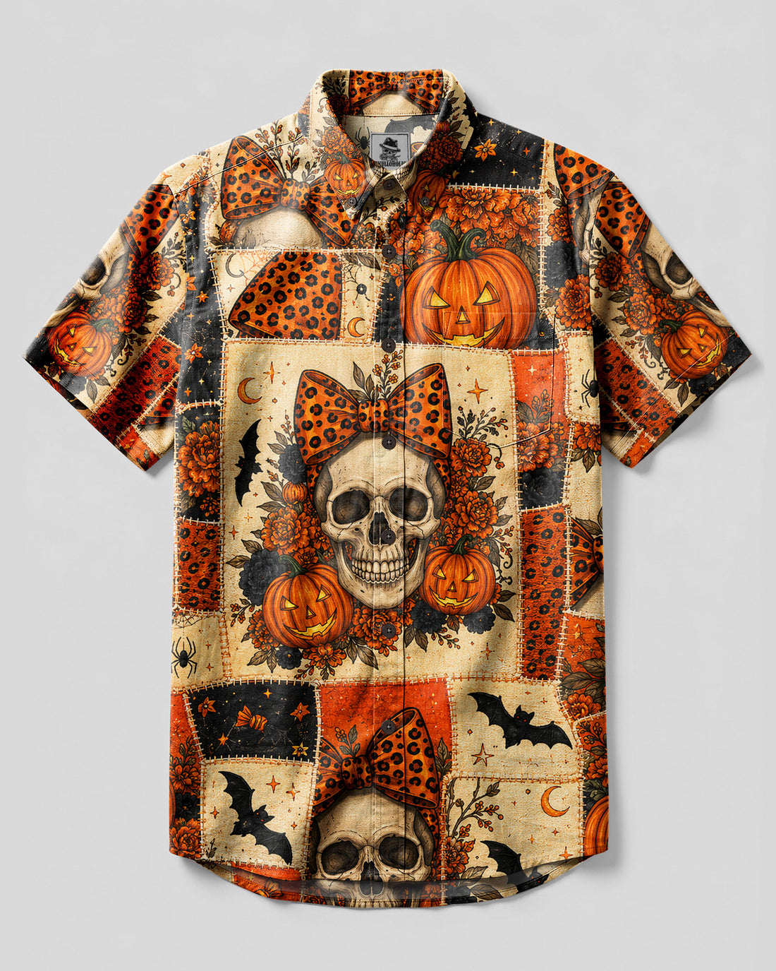 GOTHIC PUMPKIN HALLOWEEN PATCHWORK BUTTON-DOWN COLLAR SHIRT - TYLN1008262