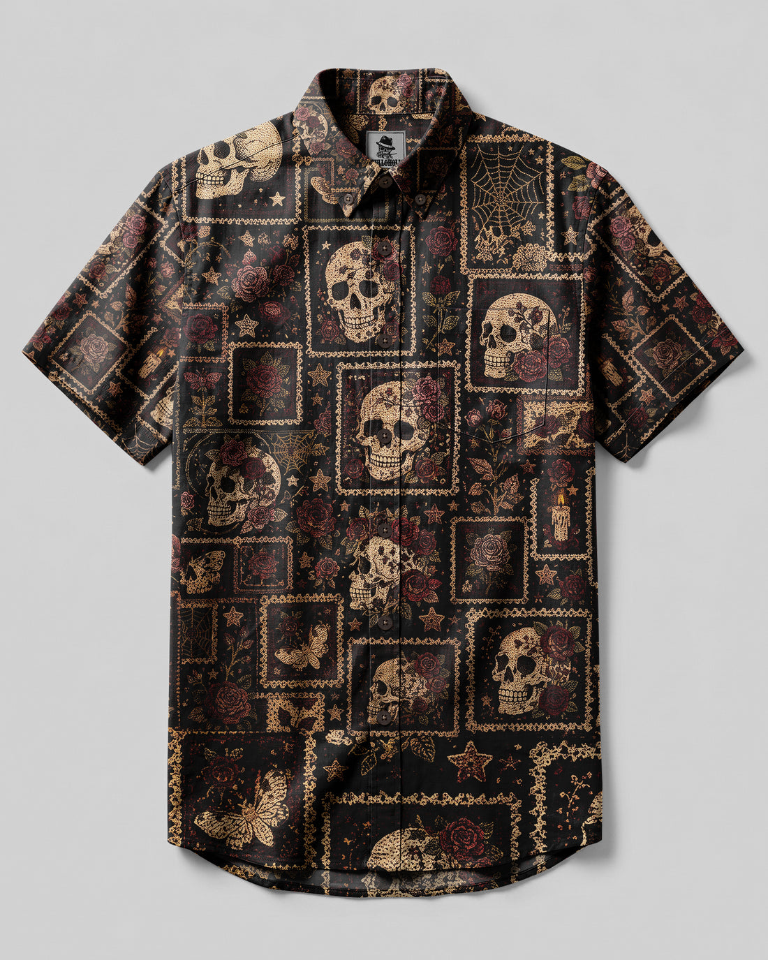 VINTAGE SKULL ROSE PATCHWORK BUTTON-DOWN COLLAR SHIRT SHIRT - KMTM1308262