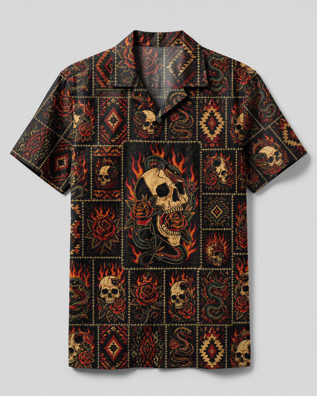 SNAKE SKULL PATCHWORK CAMP SHIRT - TLNO0708261