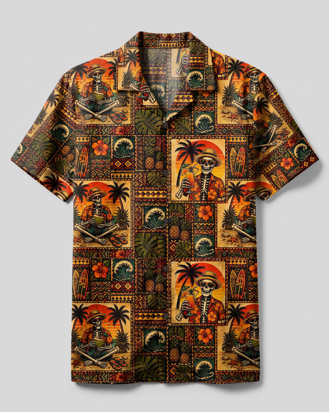 TROPICAL SKELETON SUNSET PATCHWORK CAMP SHIRT - TLTW0408265