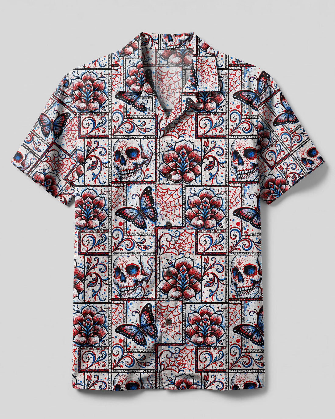SKULL ROSE TATTOOED PATCHWORK CAMP SHIRT - TLTW0608263
