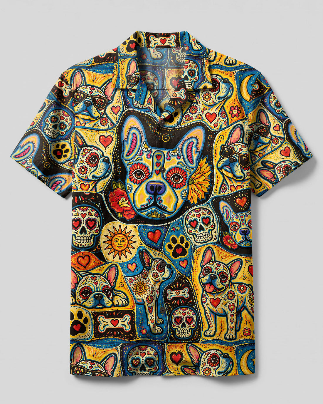 DIA DE LOS MUERTOS BULLDOG FOLK ART CAMP SHIRT - TLTW1909267