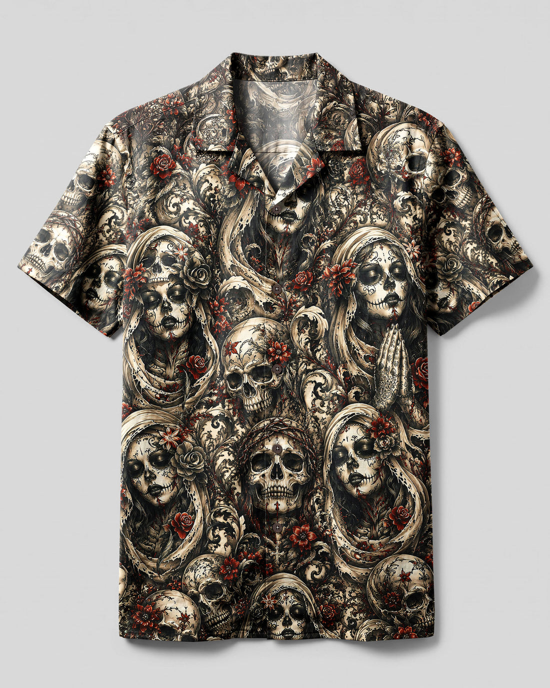 SUGAR SKULL DAY OF THE DEAD GOTHIC CAMP SHIRT - TLNT0409268