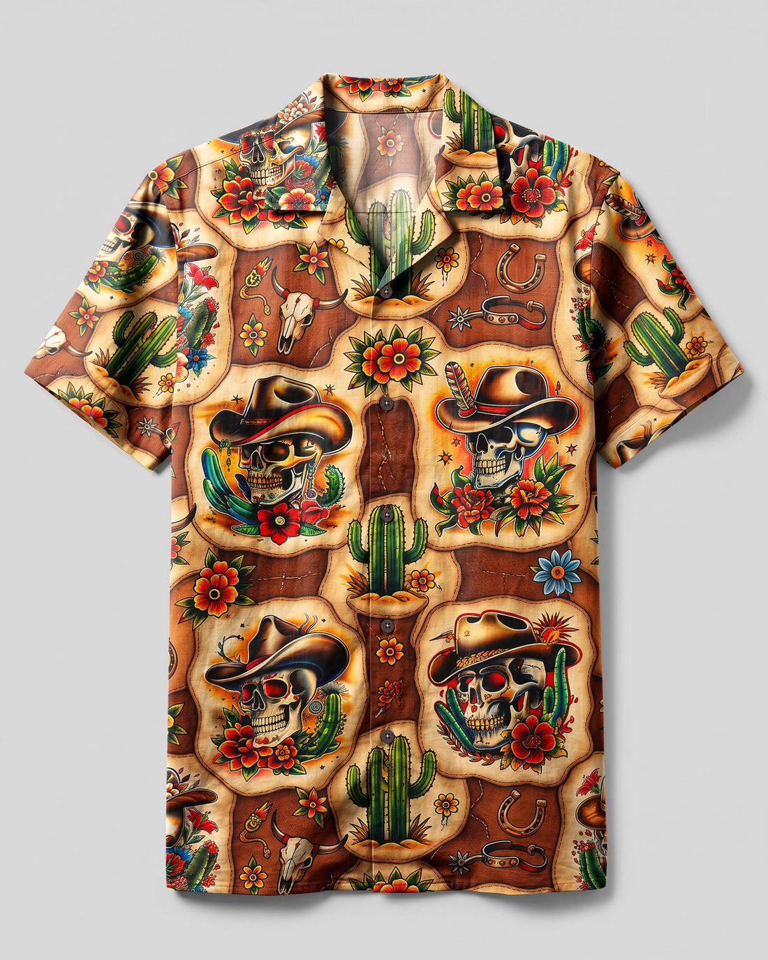 COWBOY SKULL WESTERN PATCHWORK CAMP SHIRT - TLNT04092611