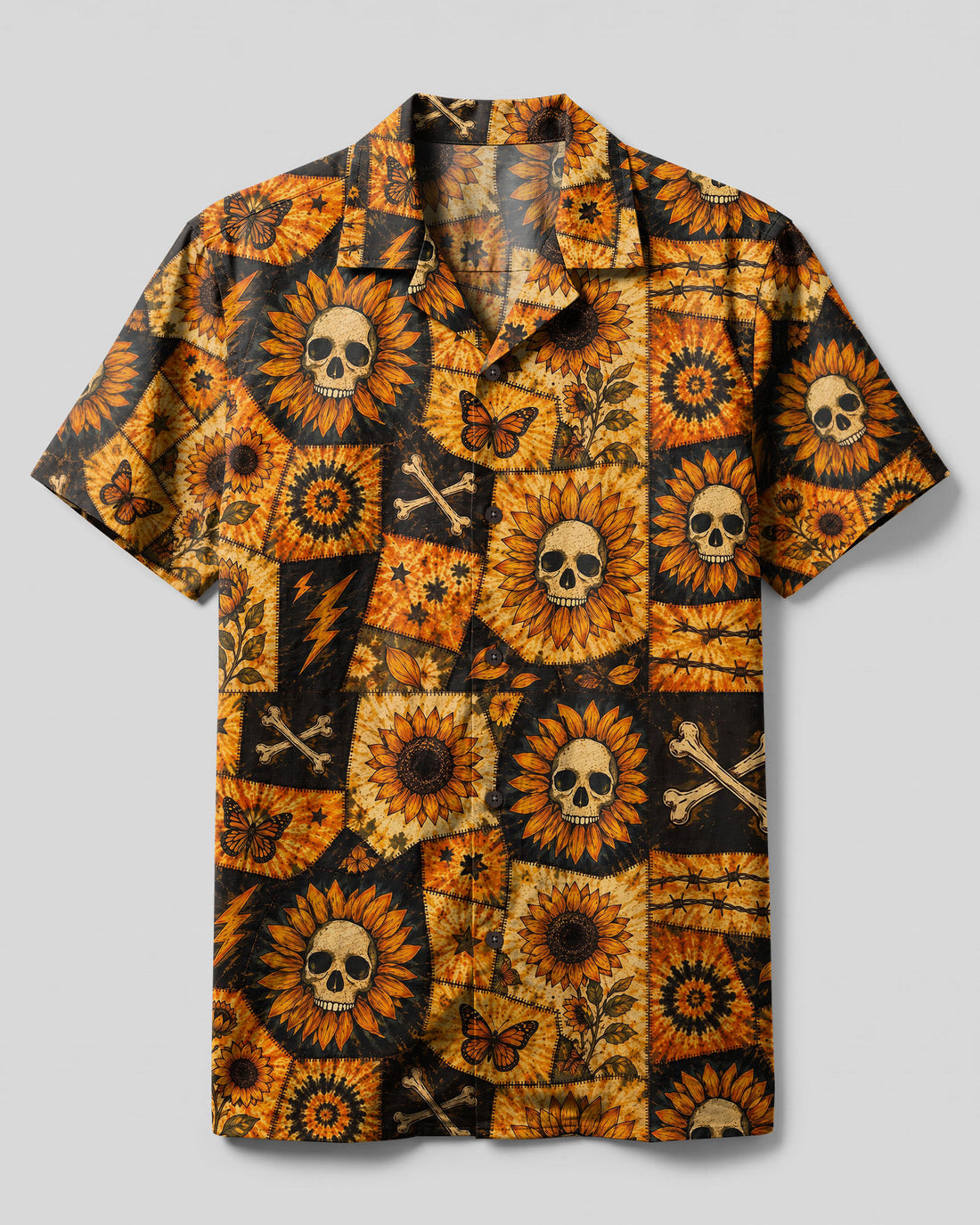 SKULL SUNFLOWER PATCHWORK CAMP SHIRT - TLTW0508262