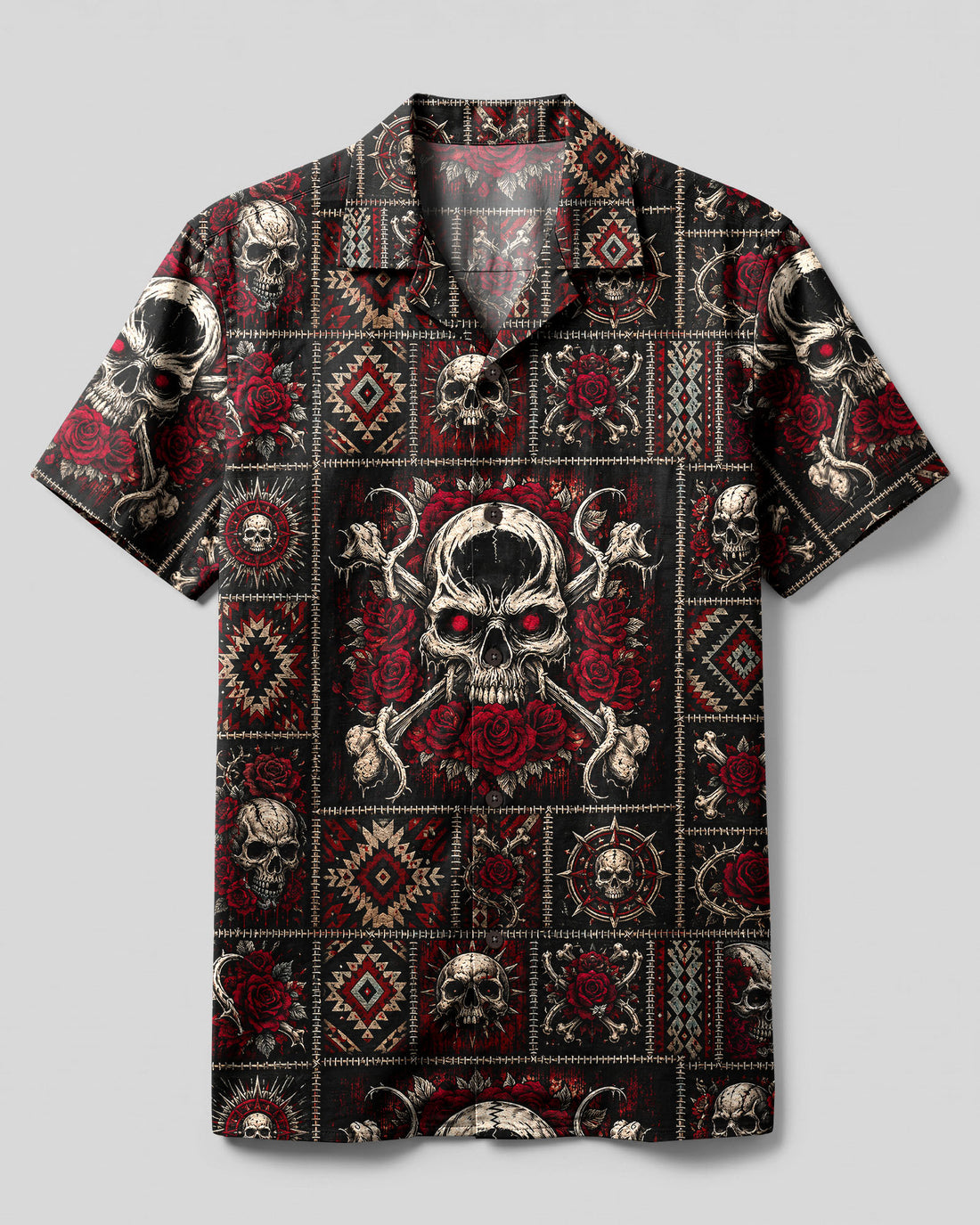 MADLY ROSE SKULL TRIBAL PATCHWORK CAMP SHIRT - TLHG1708261