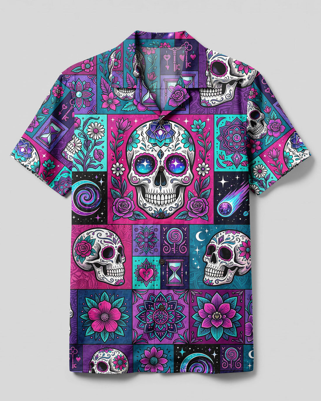 MYSTIC SUGAR SKULL FLORAL PATCHWORK CAMP SHIRT - TYLN28082610