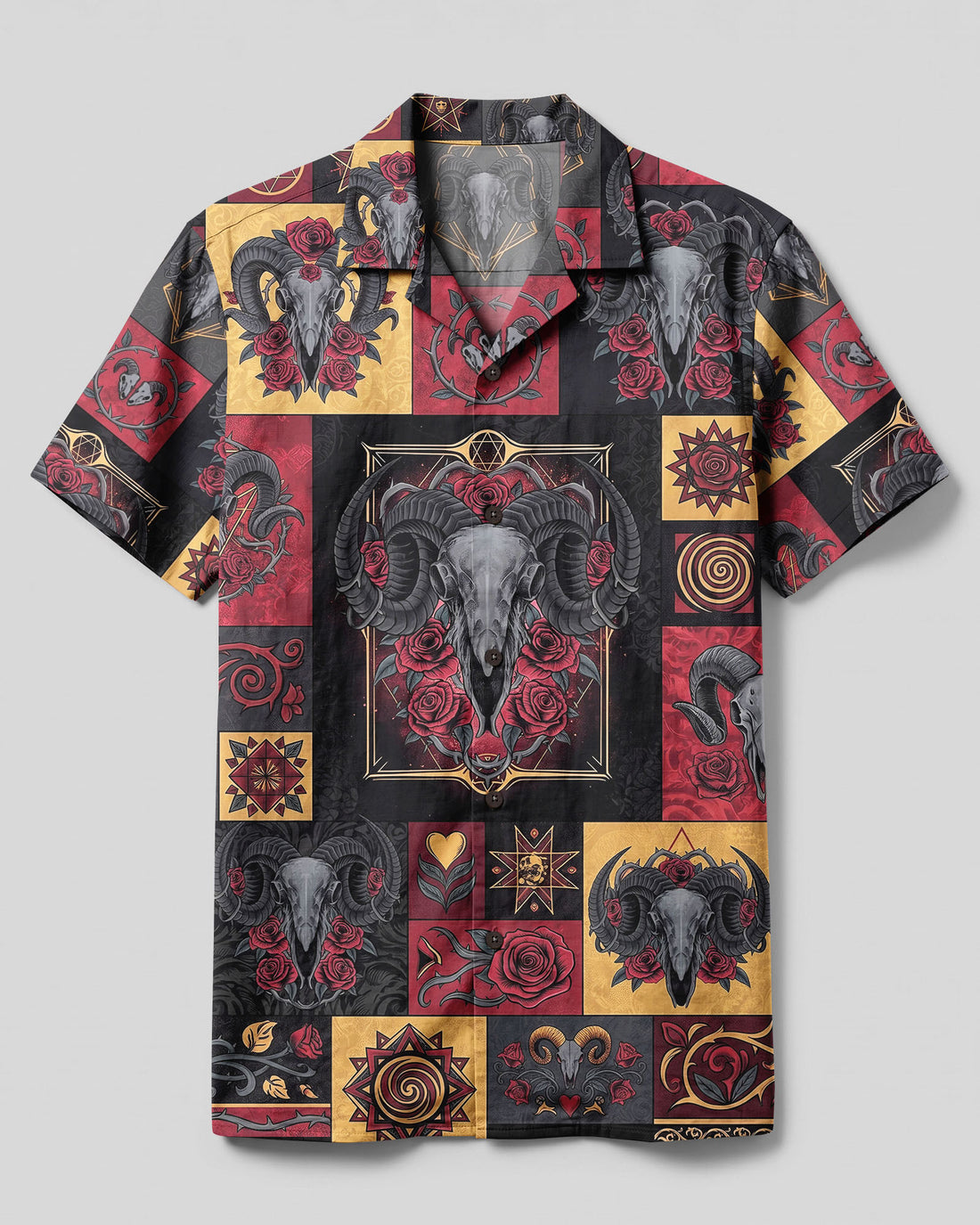 GOTHIC SKULL AND ROSE PATCHWORK CAMP SHIRT - TYLN0409261