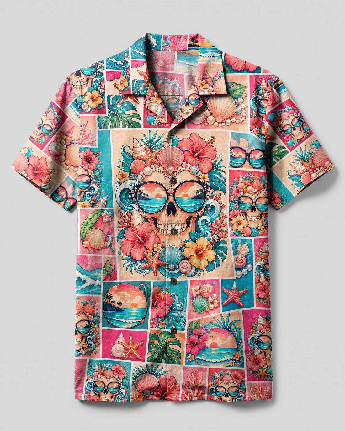PINK TROPICAL CORAL SKULL PATCHWORK CAMP SHIRT - TYLN1308251