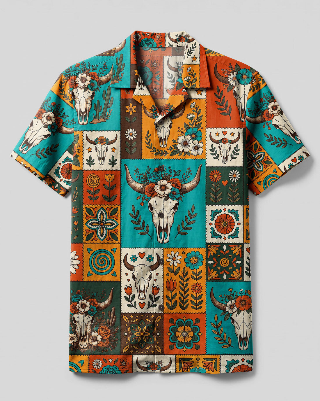 WESTERN FLORAL SKULL PATCHWORK CAMP SHIRT - TYLN2908261