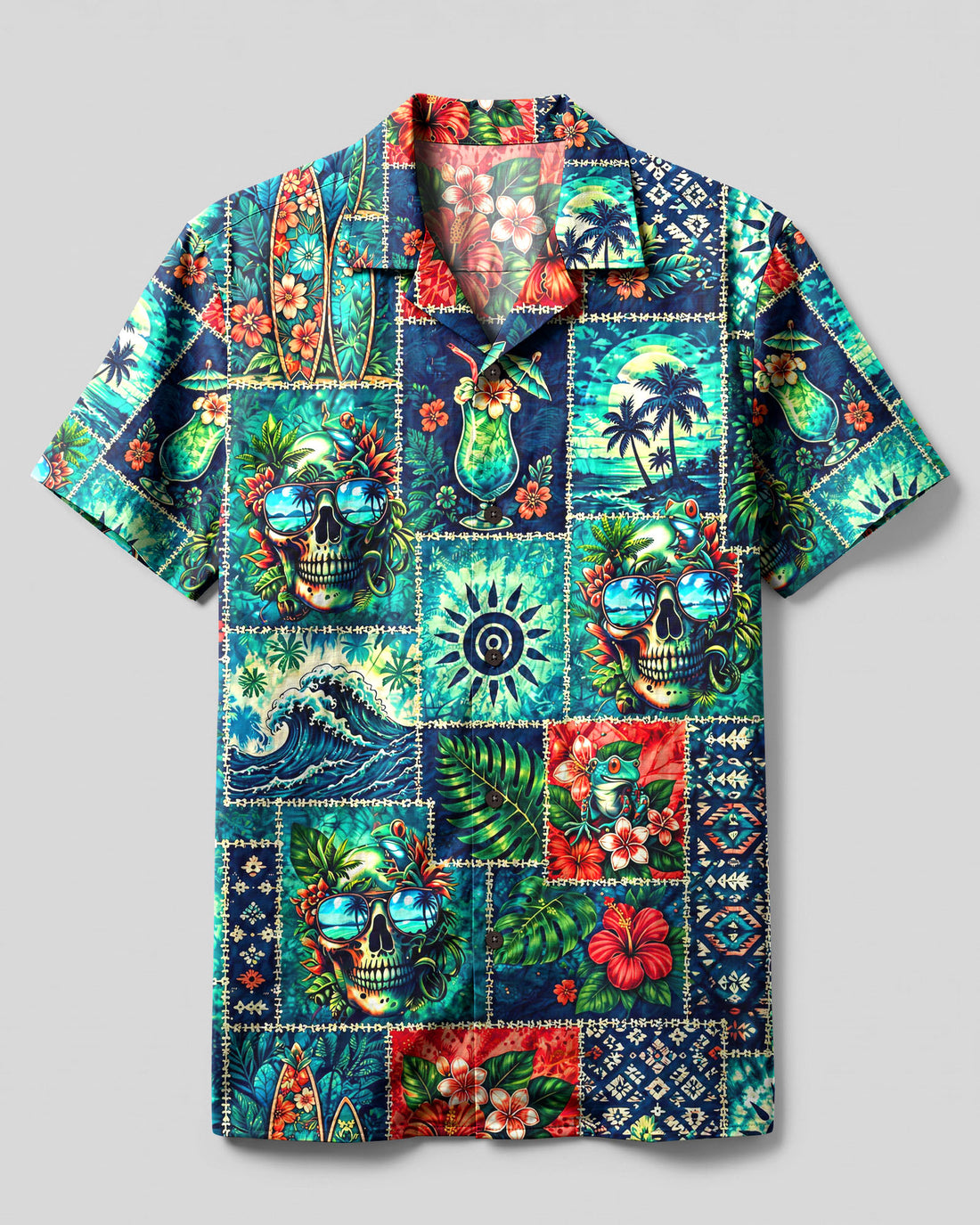 TROPICAL ALOHA SKULL PATCHWORK CAMP SHIRT - TLHG1008261