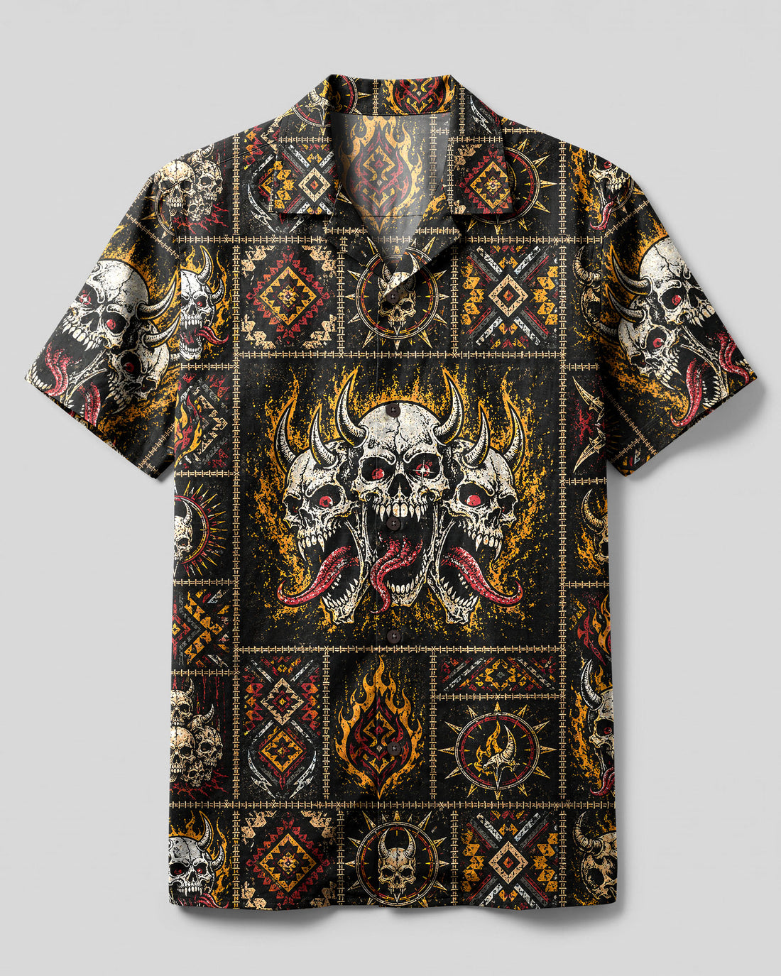 DEMON SKULL TRIBAL PATCHWORK CAMP SHIRT - TLHG1108261