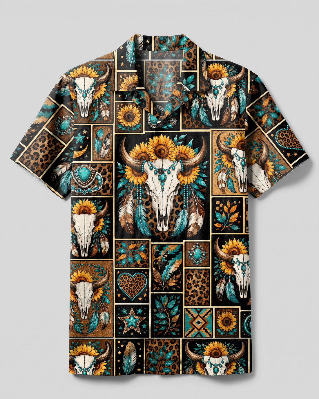 WESTERN BULL SKULL SUNFLOWER PATCHWORK CAMP SHIRT - TYPQ27082612