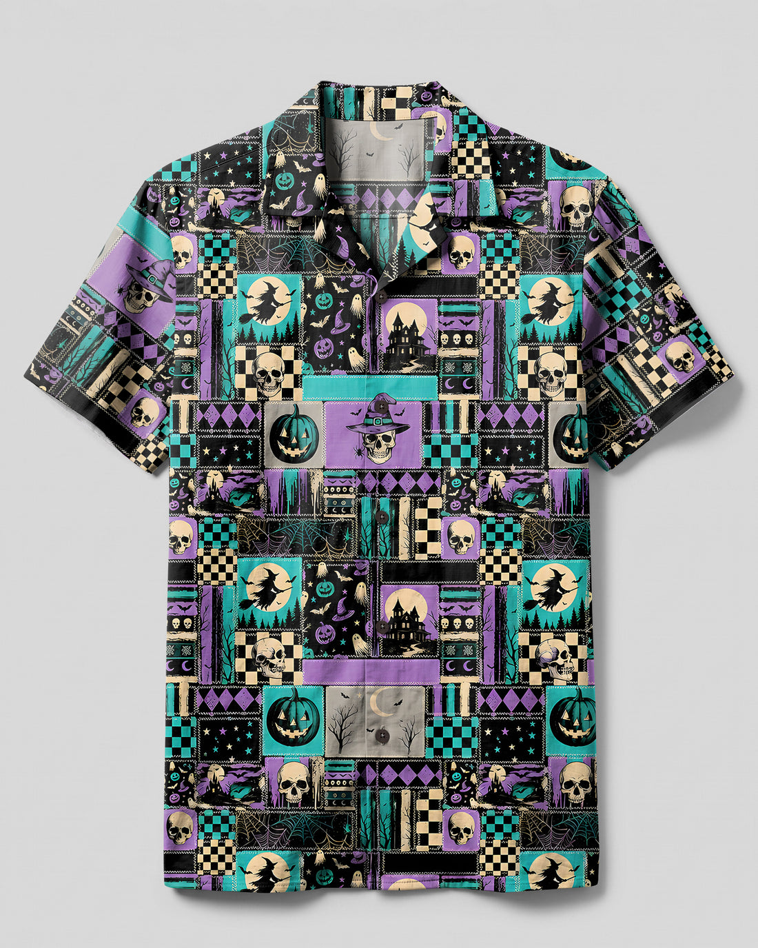 PURPLE TEAL SPOOKY HALLOWEEN PATCHWORK CAMP SHIRT - TYPQ2408264