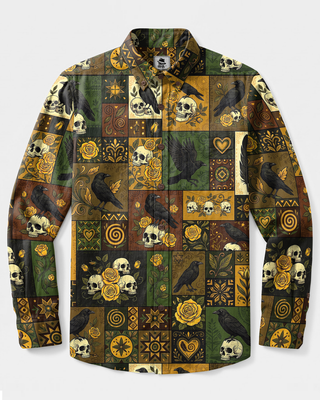 GOTHIC RAVEN SKULL AND YELLOW ROSE PATCHWORK LONG SLEEVE BUTTON-DOWN SHIRT - TYPQ0309265