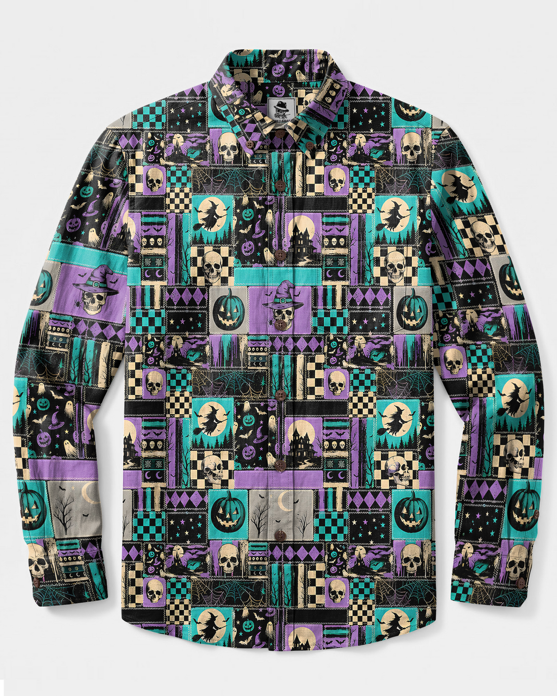 PURPLE TEAL SPOOKY HALLOWEEN PATCHWORK LONG SLEEVE BUTTON-DOWN SHIRT - TYPQ2408263