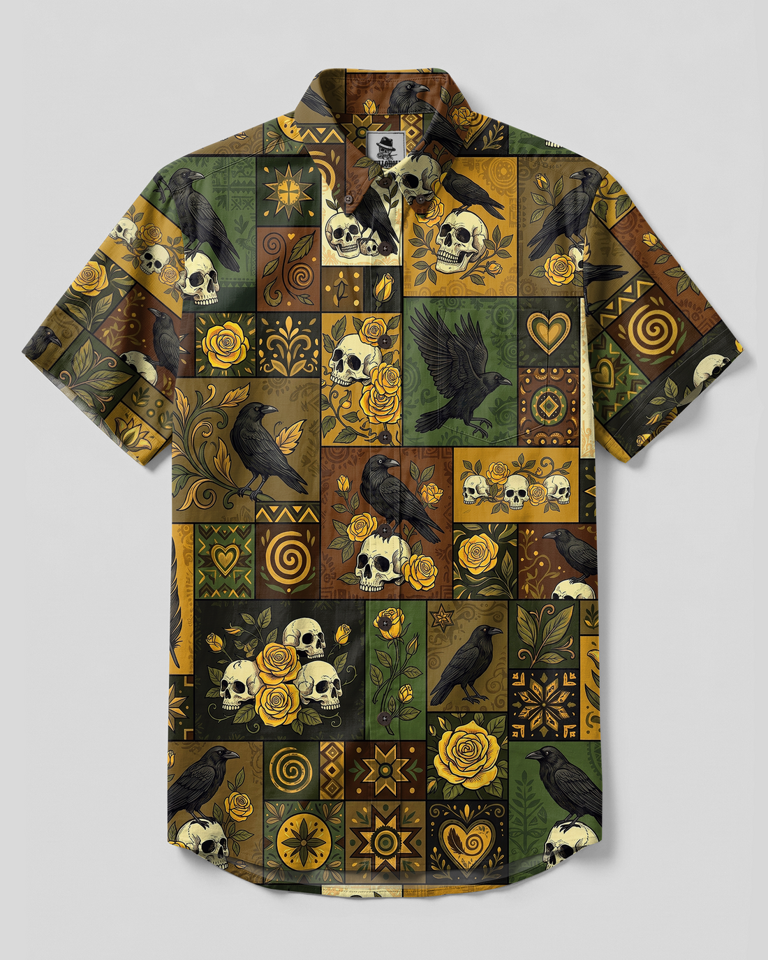 GOTHIC RAVEN SKULL AND YELLOW ROSE PATCHWORK BUTTON-DOWN COLLAR SHIRT - TYPQ0309264