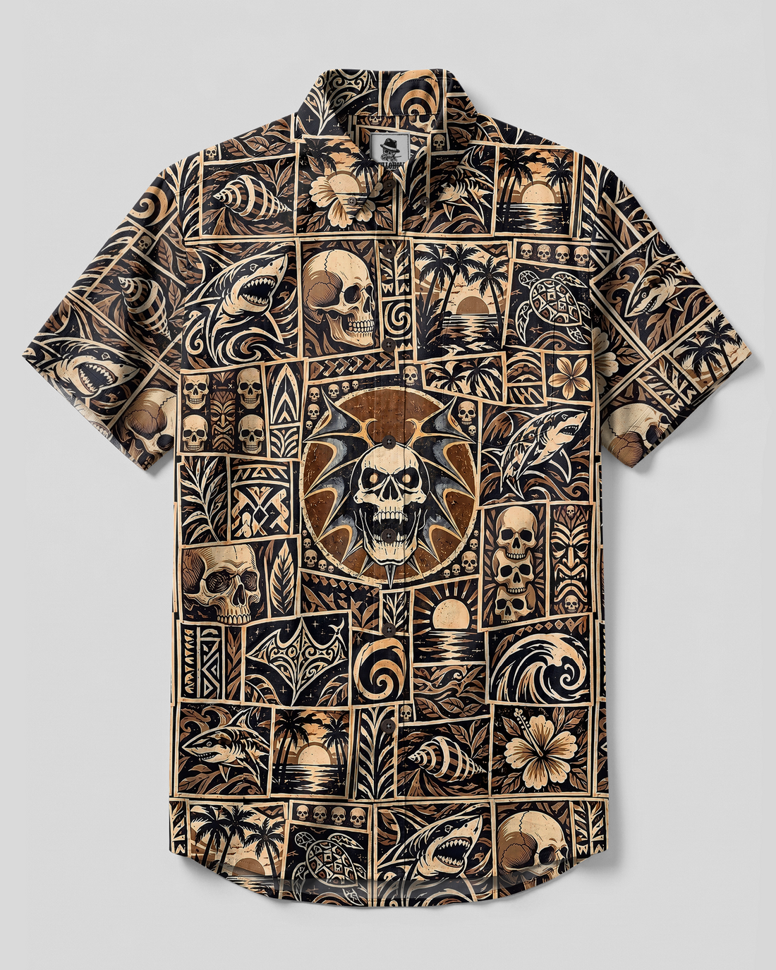 OCEAN SKULL PATCHWORK BUTTON-DOWN COLLAR SHIRT - TYPQ2409261