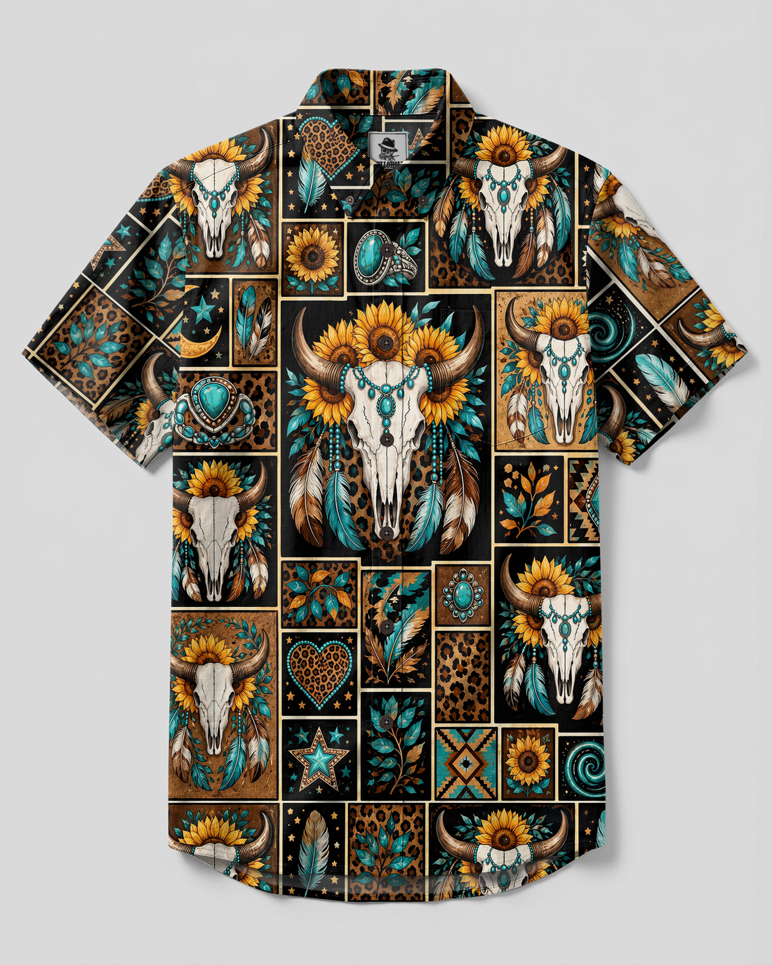 WESTERN BULL SKULL SUNFLOWER PATCHWORK BUTTON-DOWN COLLAR SHIRT - TYPQ27082610