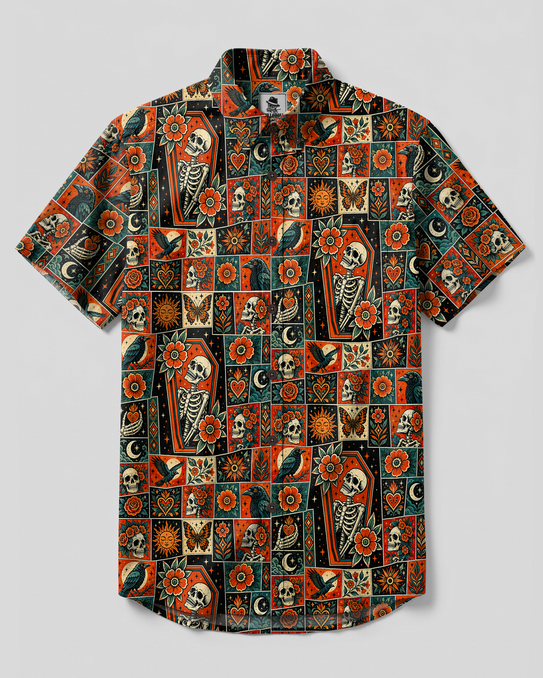MYSTIC COFFIN SKELETON PATCHWORK BUTTON-DOWN COLLAR SHIRT - TYPQ1909266