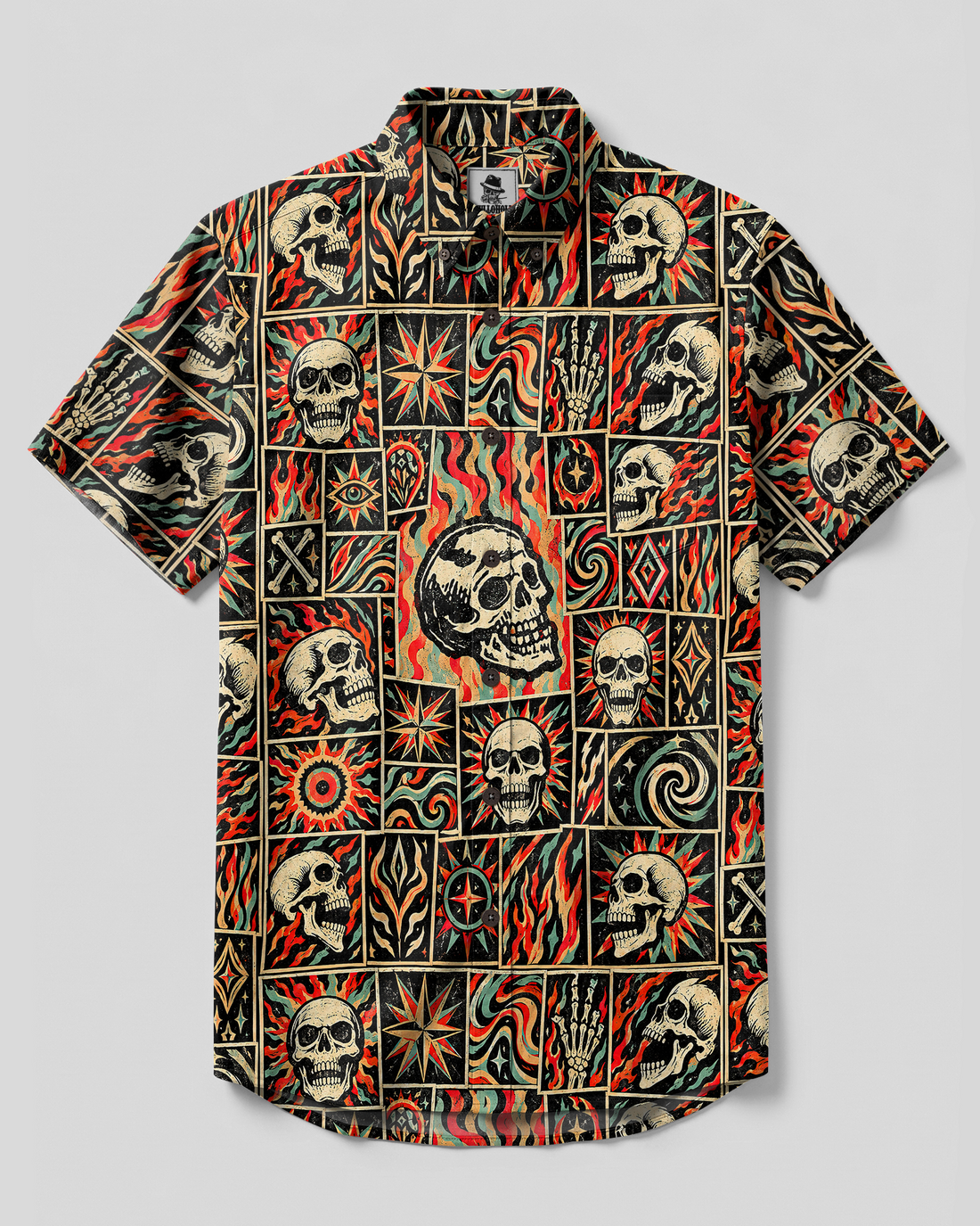 FIERY SKULL PATCHWORK BUTTON-DOWN COLLAR SHIRT - TYPQ2309264