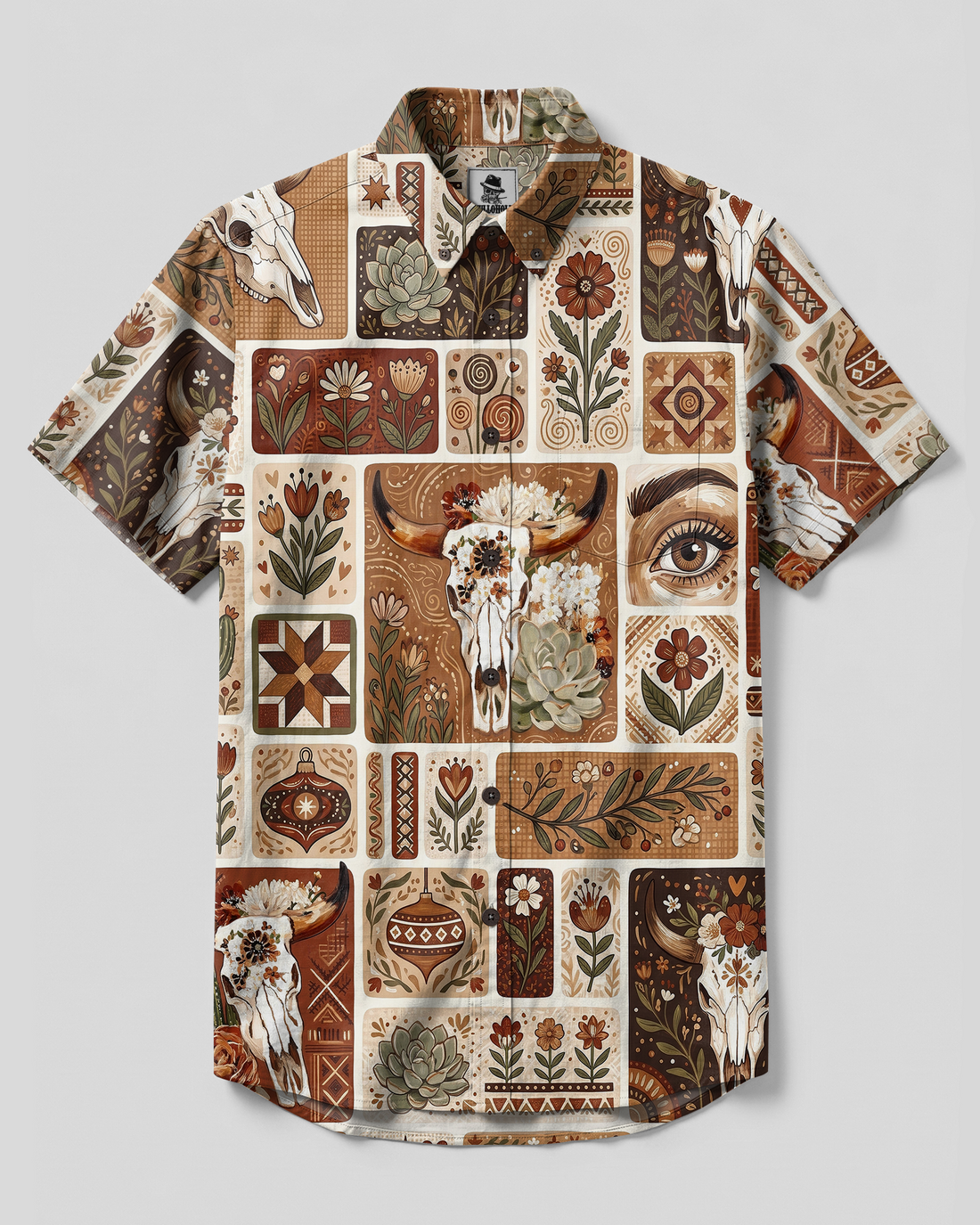 RUSTIC WESTERN BULL SKULL SUCCULENT PATCHWORK BUTTON-DOWN COLLAR SHIRT - TYPQ2808261