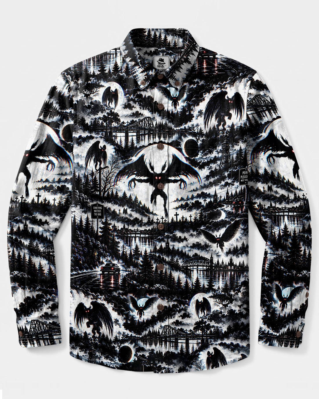 MOTHMAN MOONLIT TERROR PATCHWORK LONG SLEEVE BUTTON-DOWN SHIRT - TLNO2809261