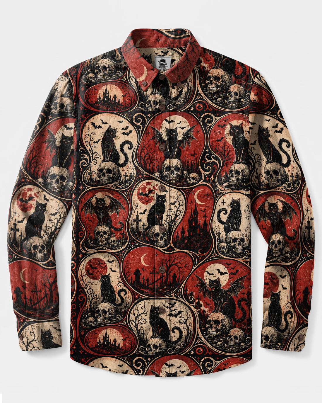 GOTHIC BATS CAT HALLOWEEN PATCHWORK LONG SLEEVE BUTTON-DOWN SHIRT - TLNO0409265