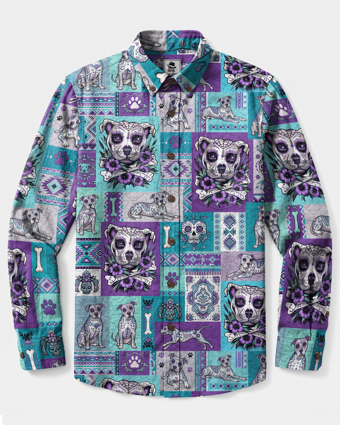 PITBULL DOG TRIBAL PATCHWORK LONG SLEEVE BUTTON-DOWN SHIRT - TLNO0309263