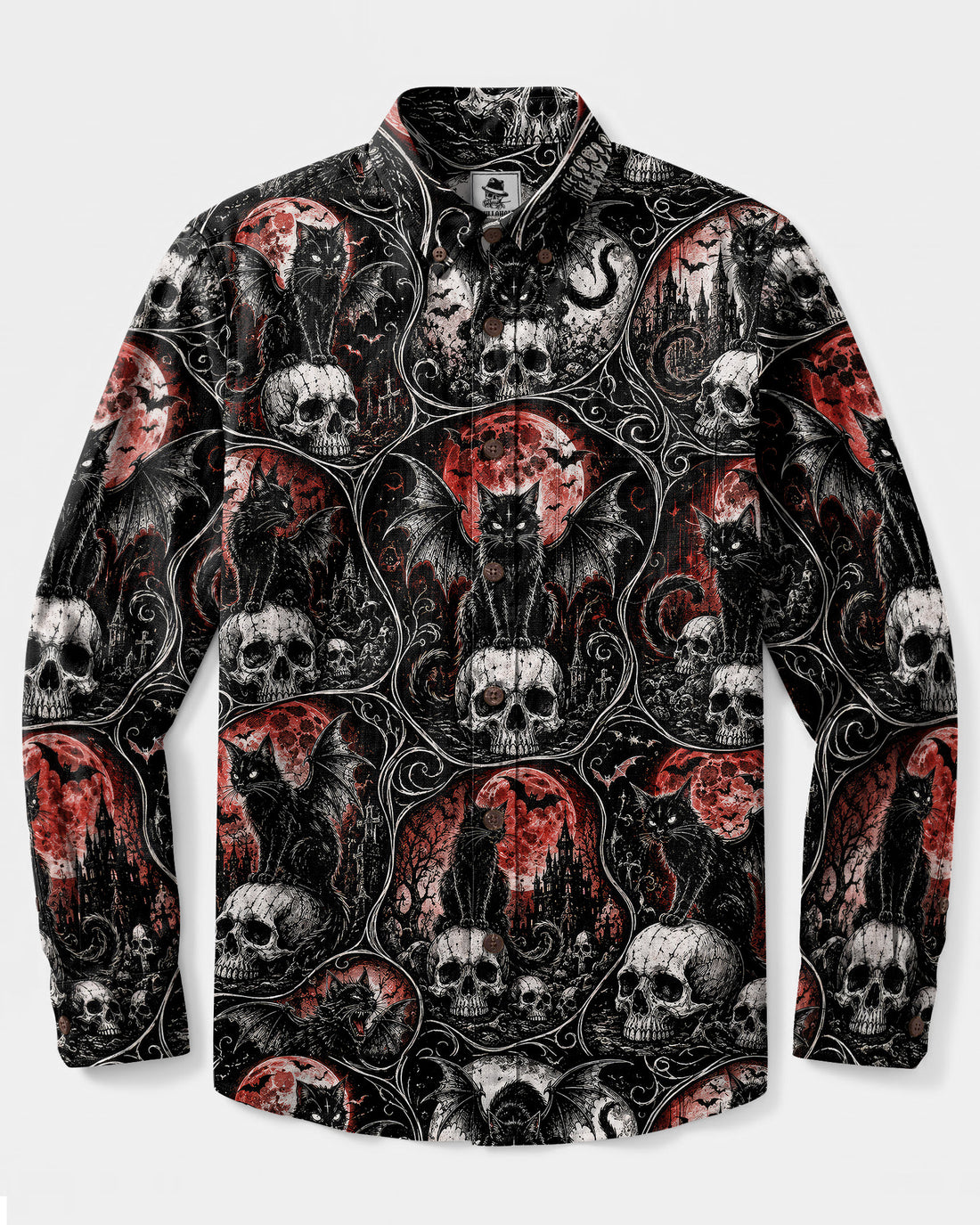 GOTHIC BLACK CAT SKULL BLOOD MOON PATCHWORK LONG SLEEVE BUTTON-DOWN SHIRT - TLNO0809265